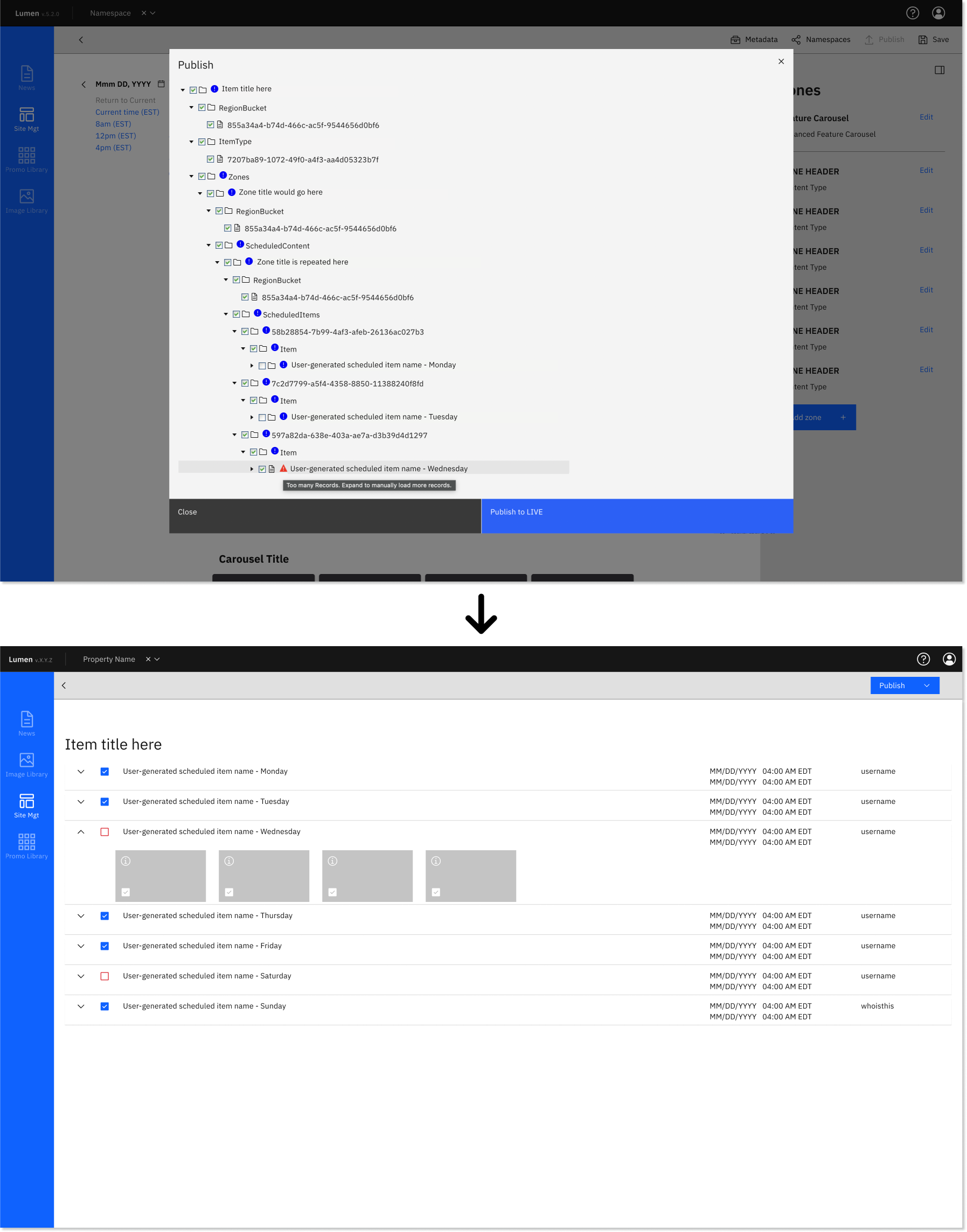 Publishing redesign case study illustration image showing screenshots of before and after states