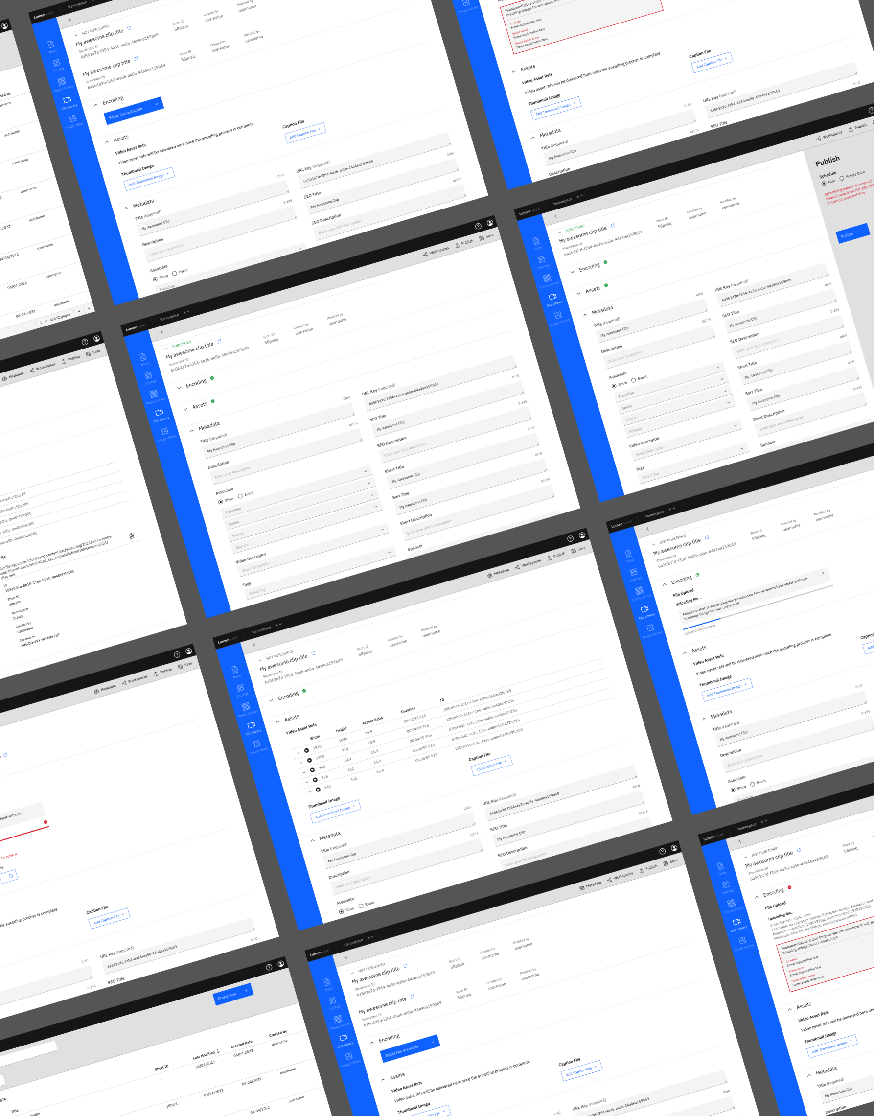Video clip management tool design case study illustration showing several screens from the finalized workflow
